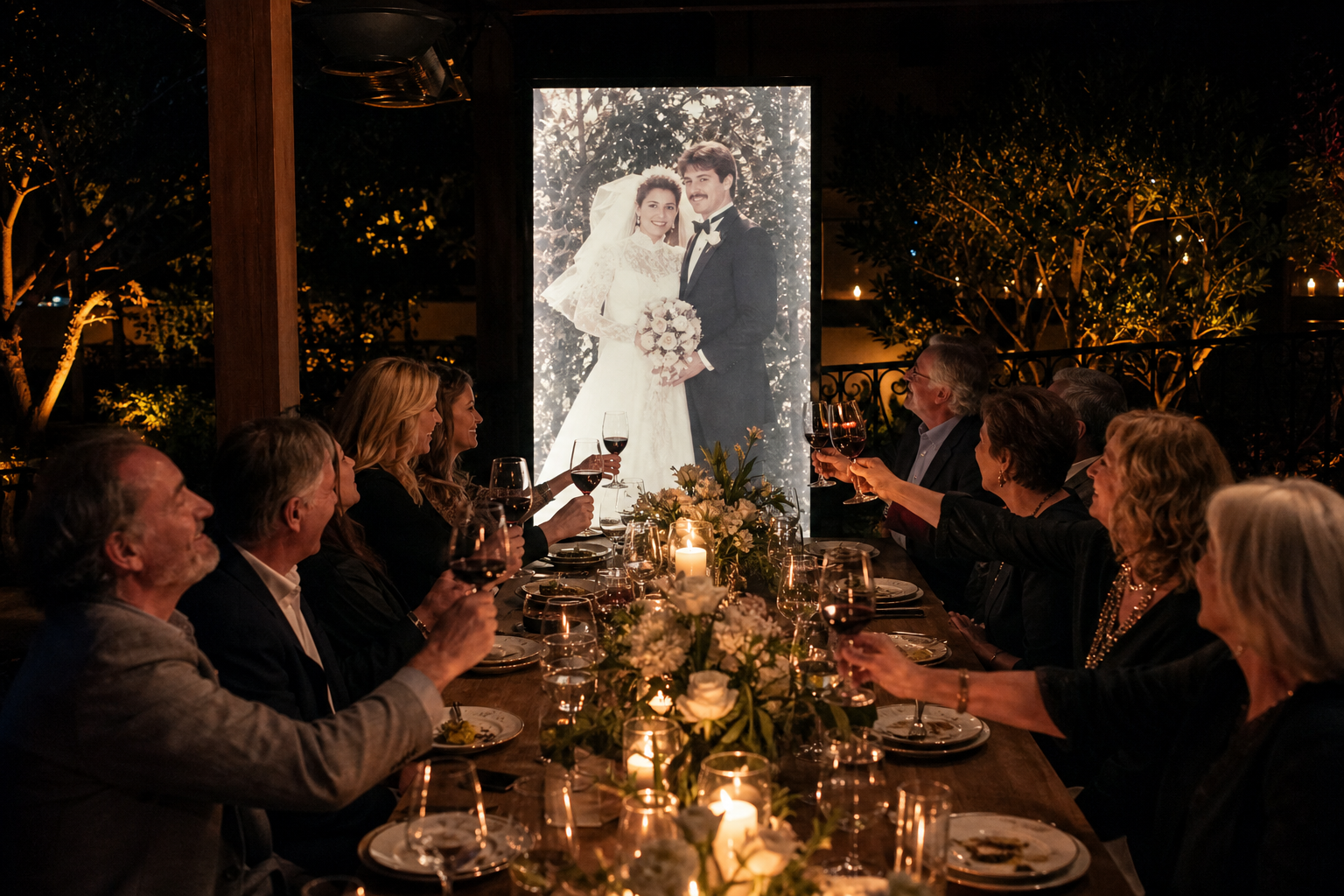 A dinner party toasting beneath a glowing vintage wedding photograph