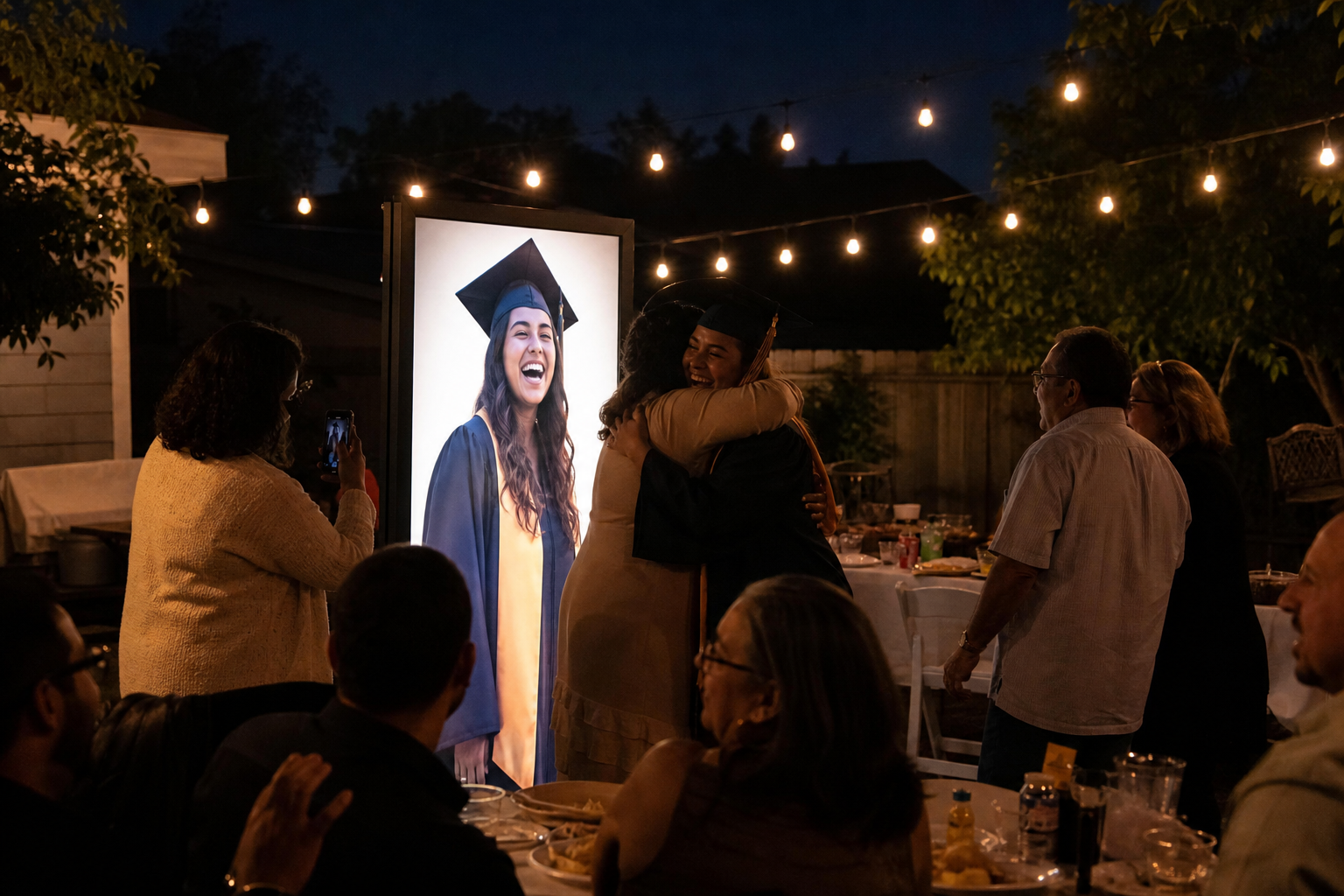A glowing graduate portrait at a backyard party