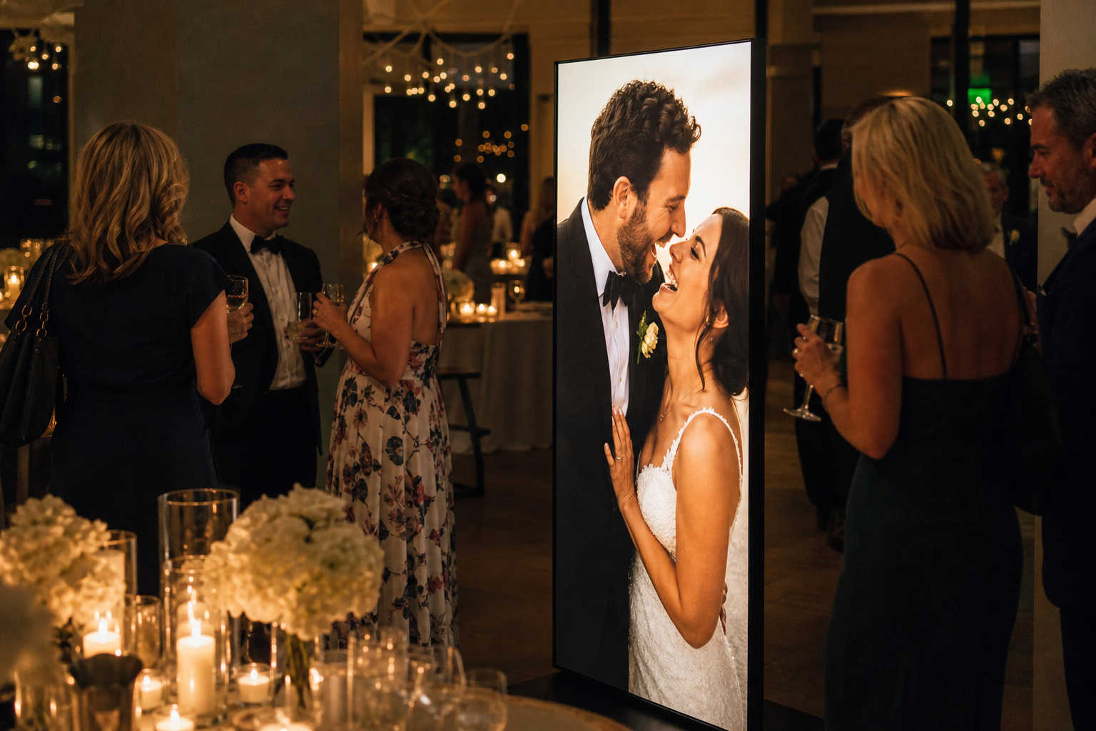 A glowing wedding portrait at a candlelit reception