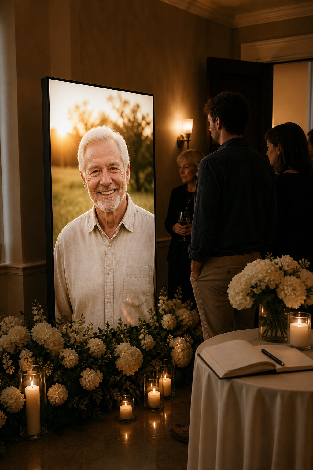 A glowing portrait surrounded by flowers and candlelight at a memorial